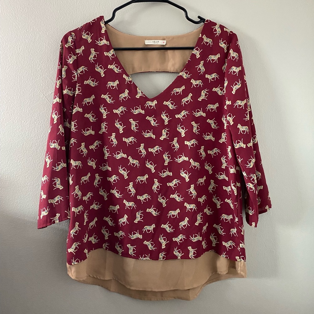 Cute Maroon Blouse with Zebra Pattern, 3/4 Sleeves, and Back Cut-out